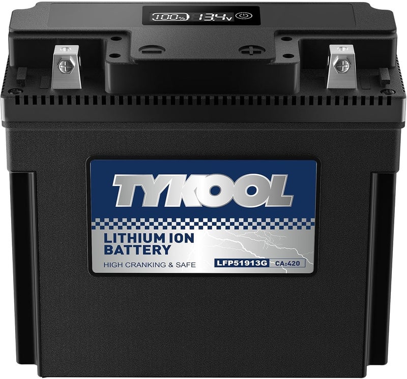 TYKOOL 51913/51814 LiFePO4 Lithium Motorcycle Battery, 420CCA,Digital Readout, Fits for BMW motorcycle,R1200RT, K1200LT, R80GS; Champion Generator, Dual Fuel Generator, Lawn Mower Battery - Image 1